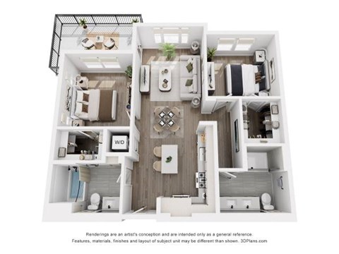 A 3D floor plan of a small apartment with a kitchen, living room, and two bedrooms.